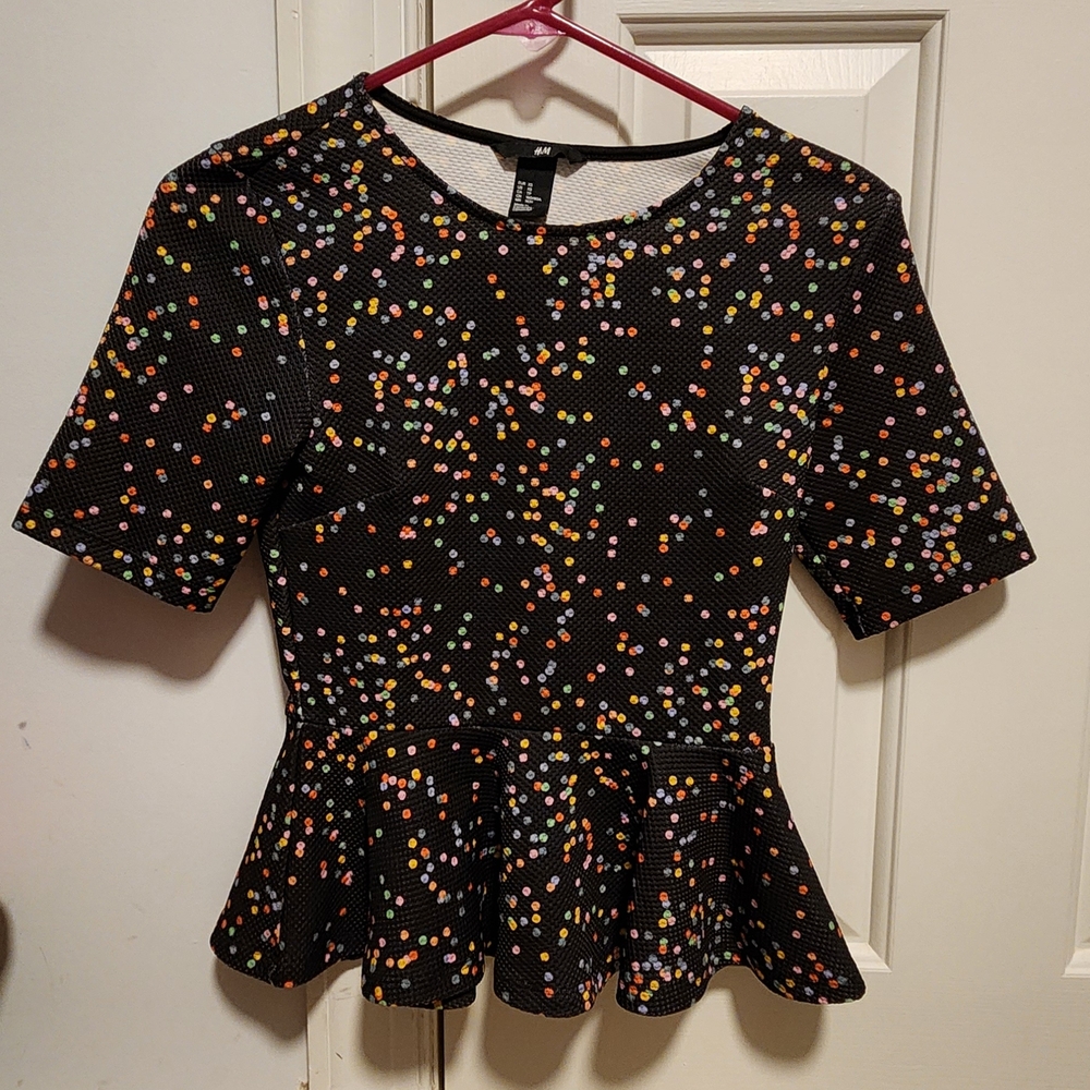 H&M Black Multicolor Polka Dot Peplum Blouse
